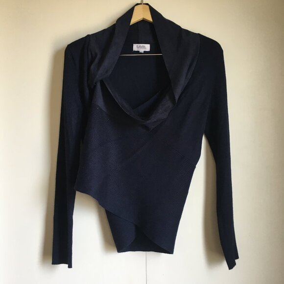 Velvety Soft Lapel Eleven Eleven Deepsea Blue Handkerchief Hem Open Cardigan - Picture 7 of 16